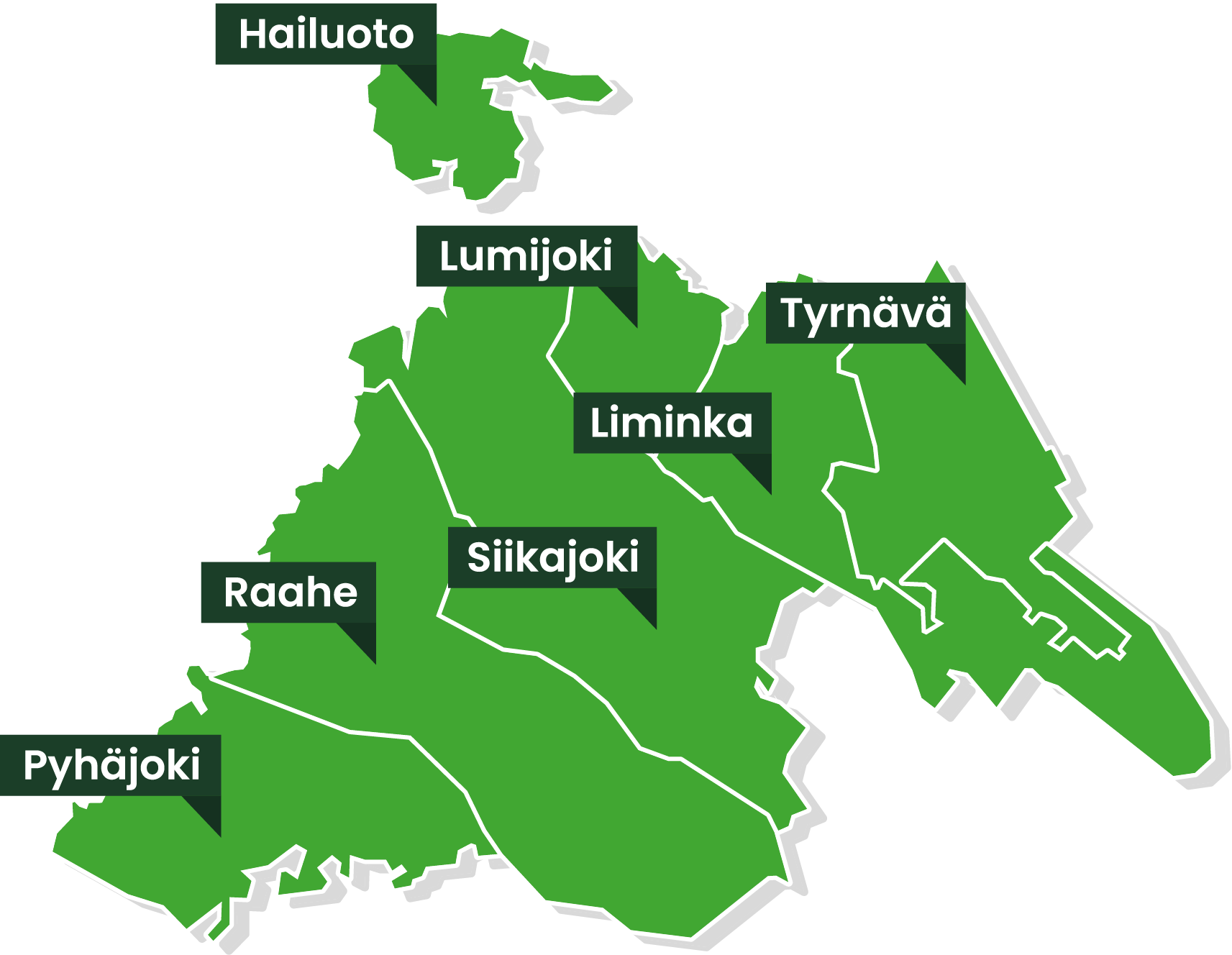 Norsun toiminta-alueeseen kuuluvat Hailuoto, Liminka, Lumijoki, Pyhäjoki, Raahe, Siikajoki ja Tyrnävä.